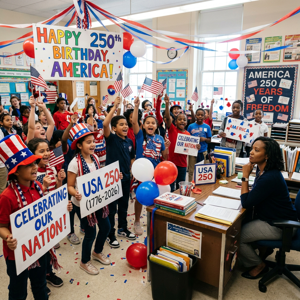 Children holding signs and American flags celebrating USA's 250th anniversary in a classroom